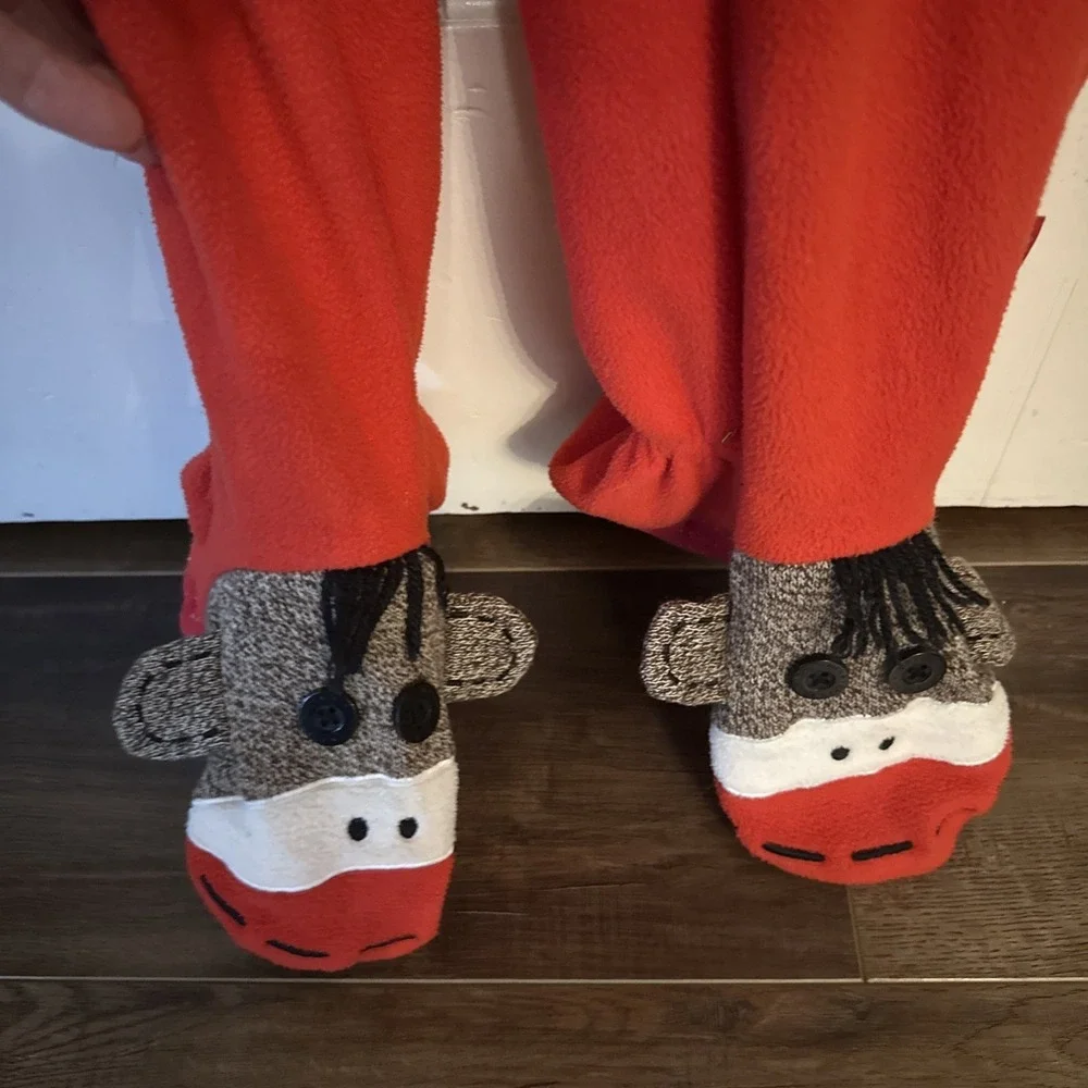 NICK & NORA Sock Monkey One Piece‎ Pajamas Sleepwear Footed Adult Small Full Zip